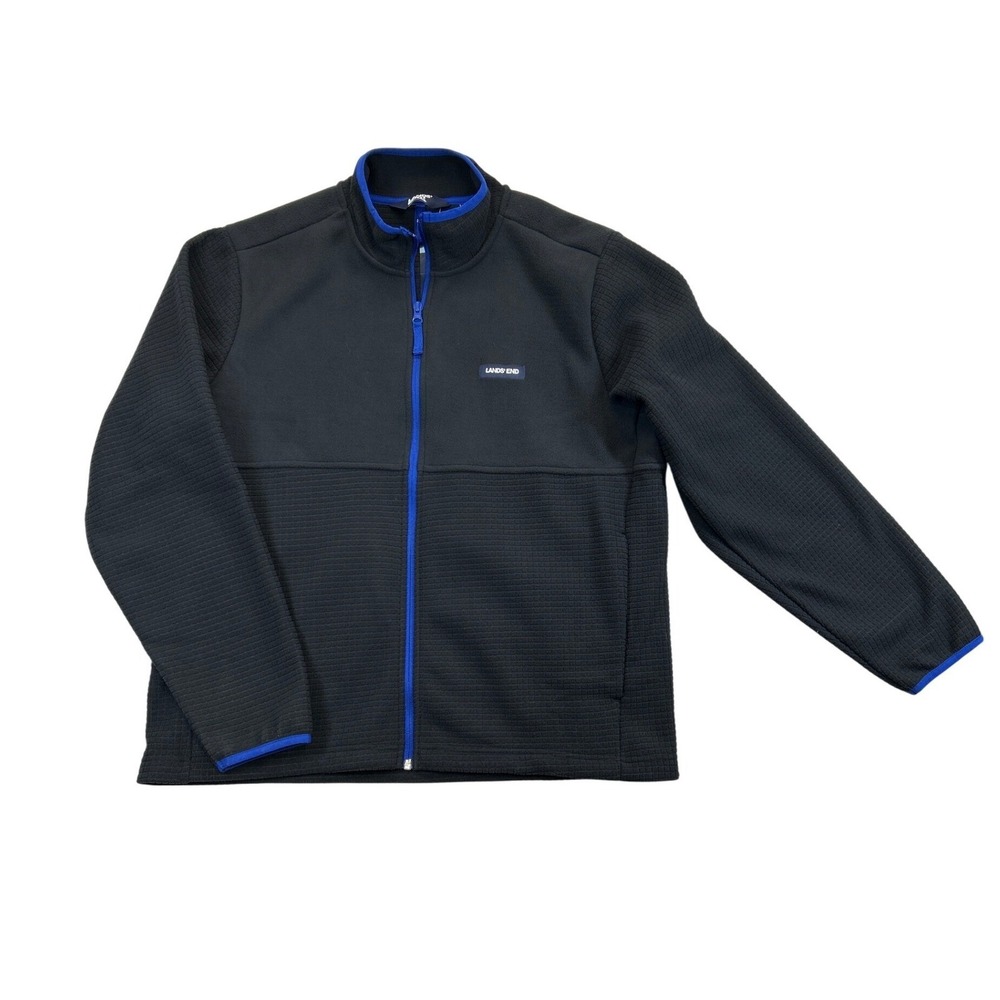 Lands End Fleece Jacket Mens L Black Blue Trim‎ Full Zip NWT